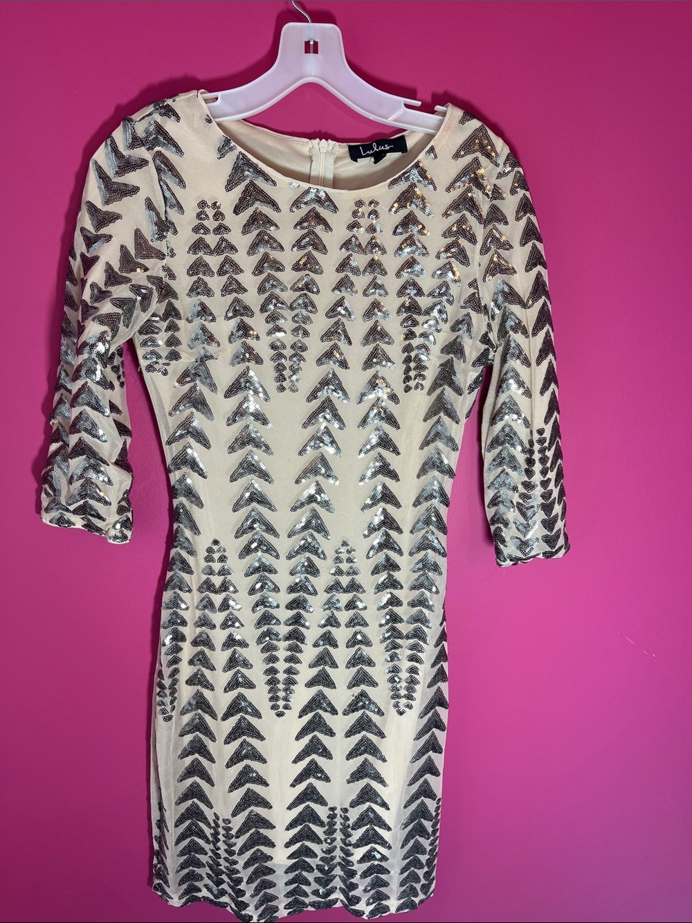 Lulu's Cream Sequin Mini Dress with Silver Arrow Motif